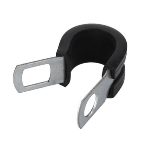 The AGCO | PIPE SUPPORT - V30644900 is a metal P-clamp with rubber insulation, designed with two flattened, open-ended arms for securing cables or tubing.