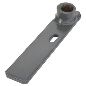 The AGCO | ARM - D28787038 by AGCO is a gray, flat metal bracket that features a cylindrical hole at one end and has a small slot in the middle. Currently, no additional product description information is available.