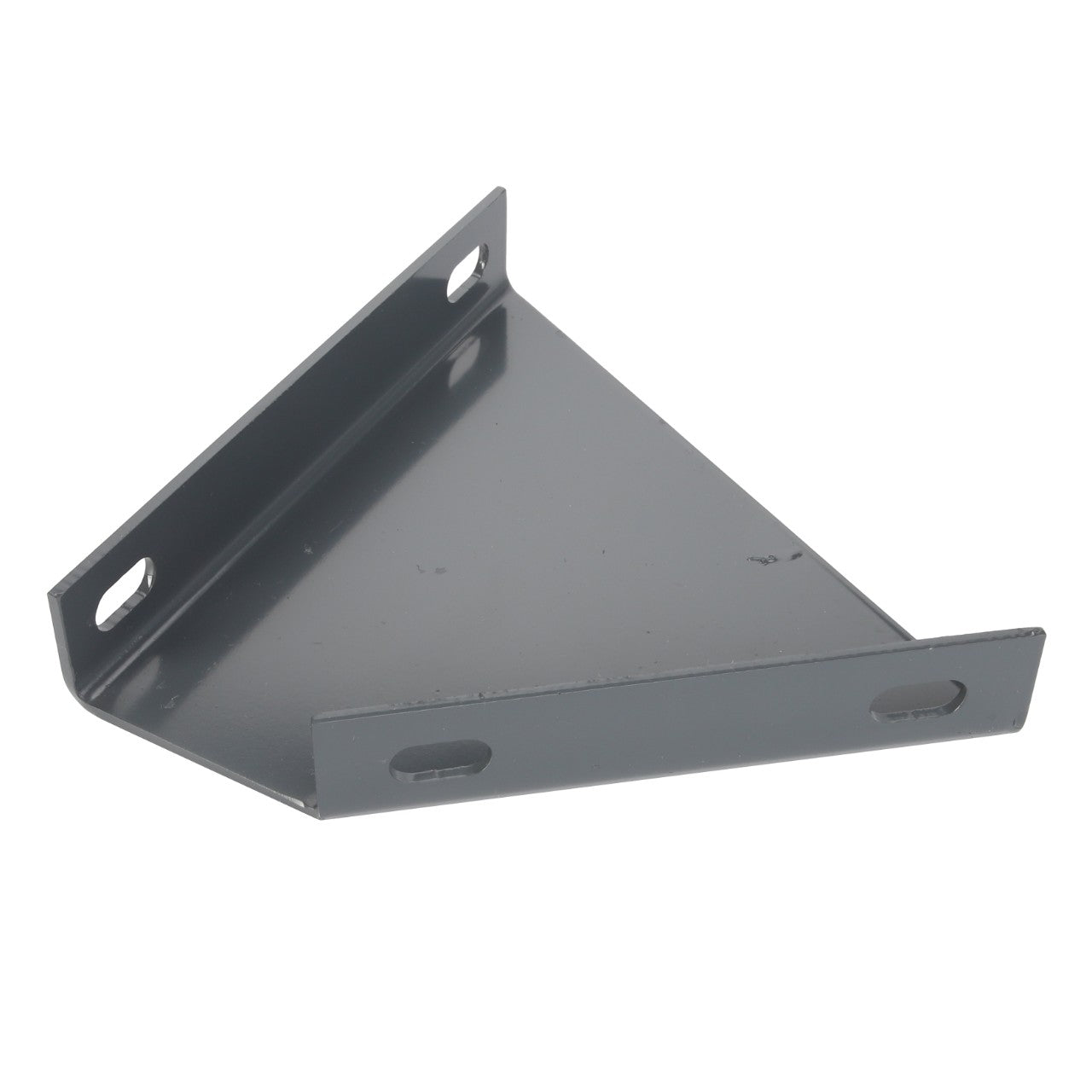 The AGCO | BRACKET - D28181021 is a sturdy triangular metal bracket featuring three precisely engineered mounting holes on each side.