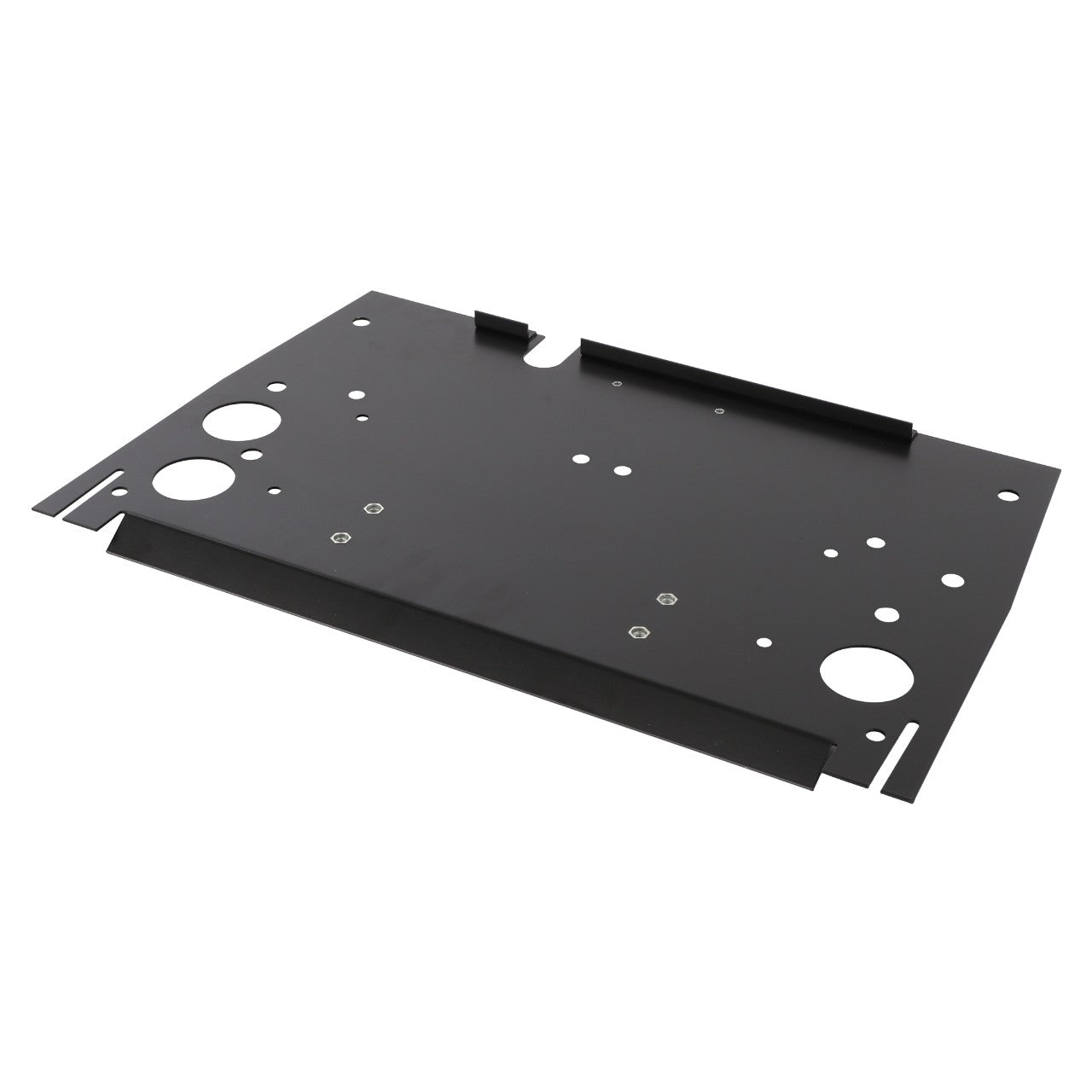 Rectangular black metal battery holder (3784075M6) from AGCO, featuring various circular and rectangular cutouts, designed for mechanical or electronic applications; fits Valtra models seamlessly.