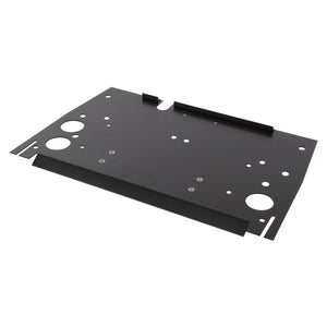 Rectangular black metal battery holder (3784075M6) from AGCO, featuring various circular and rectangular cutouts, designed for mechanical or electronic applications; fits Valtra models seamlessly.