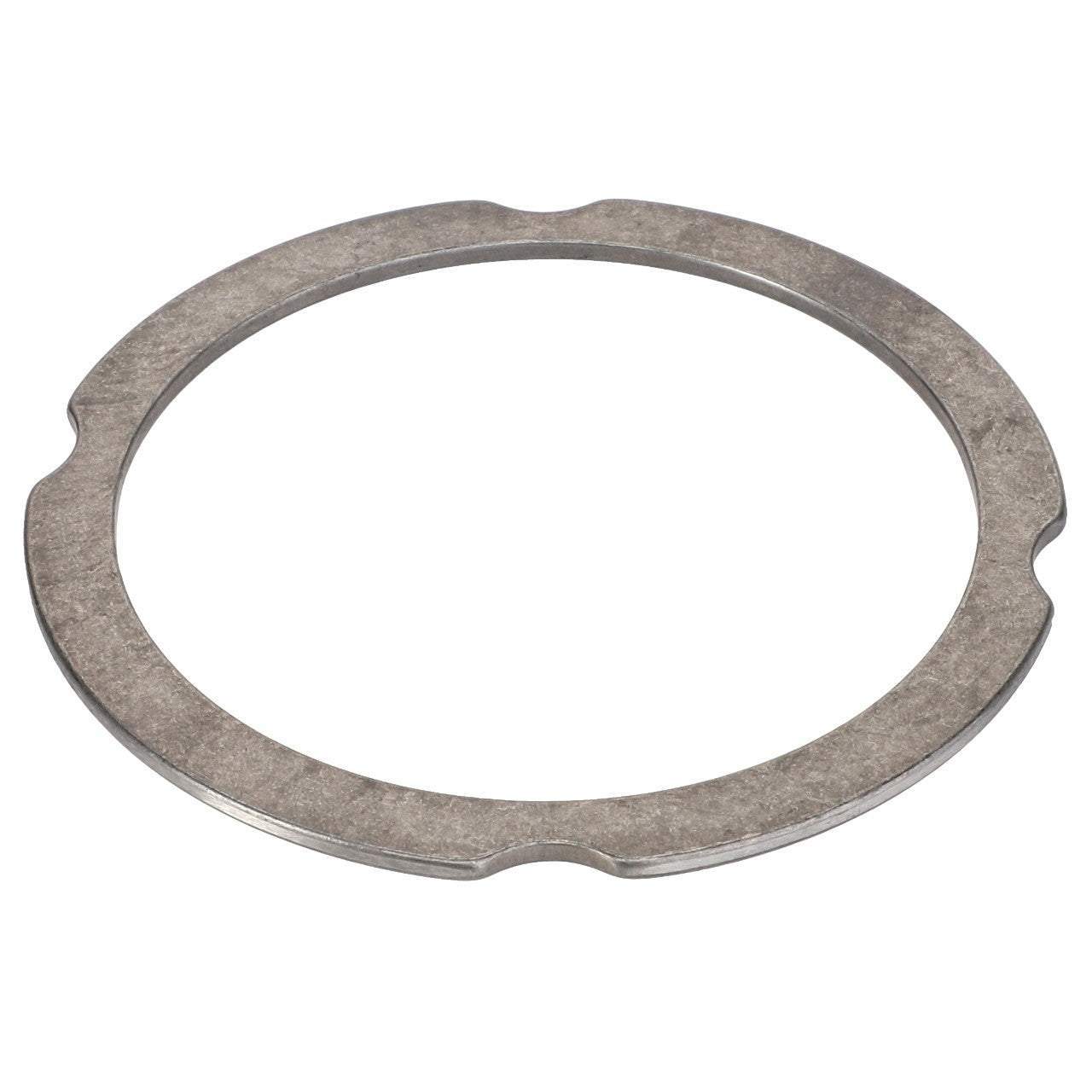 The AGCO | Compensating Ring - F007200210280 by AGCO is a circular metallic ring featuring three precision-cut, evenly spaced notches along the inner edge for a perfect fit.