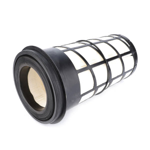 The AGCO | Engine Air Filter Cartridge - 4379574M1 features a cylindrical design with a rigid outer frame and pleated paper filter material, ensuring 99.9% filtration efficiency for use in machinery or vehicles.