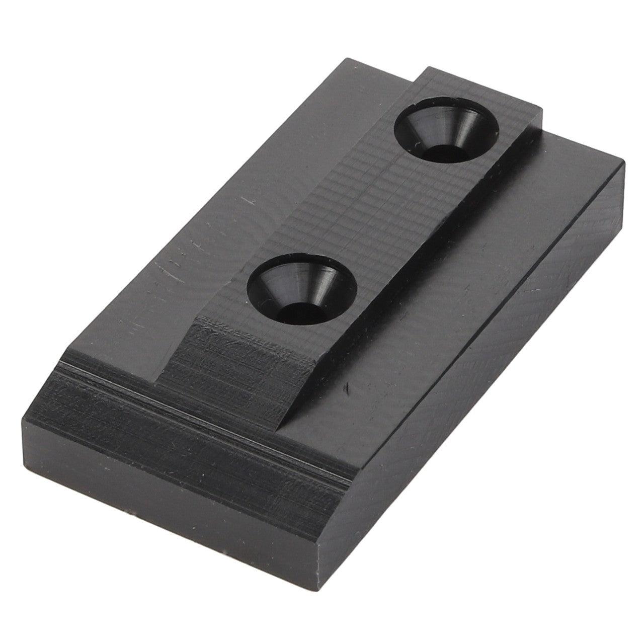 The AGCO | SLIDE - D28785754 by AGCO is a sleek black rectangular metal mounting plate with two countersunk holes for screws, designed for secure and seamless installation.