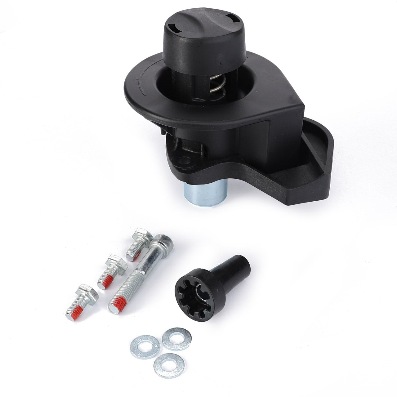 AGCO | Right Hand Kit - Al60008053 featuring a black plastic automotive component with a metallic part, includes three bolts, a small black cap, and two washers, all placed on a white background. Ideal for various applications in Massey Ferguson machinery.