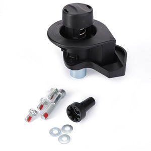 AGCO | Right Hand Kit - Al60008053 featuring a black plastic automotive component with a metallic part, includes three bolts, a small black cap, and two washers, all placed on a white background. Ideal for various applications in Massey Ferguson machinery.