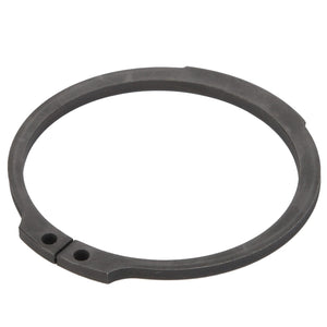 The AGCO | CIRCLIP - D42509200 is a black metal circlip featuring two small holes along its inner edge, designed for pliers to adjust or secure it in place.