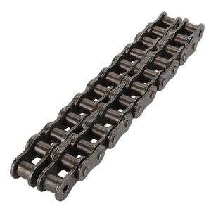 A close-up view of the AGCO Chain - Acp0280130, a double-strand industrial roller chain made of durable metal.