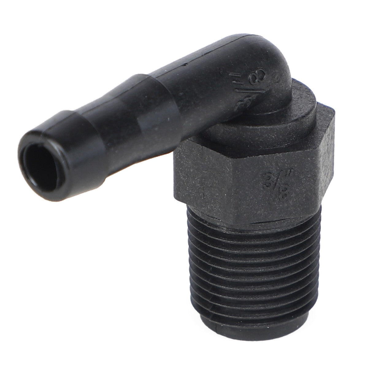 The AGCO Elbow Fitting - Ag051137, a black plastic male elbow pipe fitting with threaded ends and angled at approximately 90 degrees, is a versatile component for various plumbing applications.