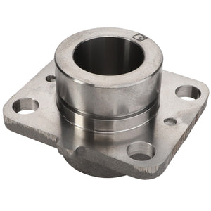 The AGCO | BEARING CARRIER - D44128300 is a metal machined component featuring a central cylindrical hole and four surrounding mounting holes on a square base. No additional product description information is currently available.