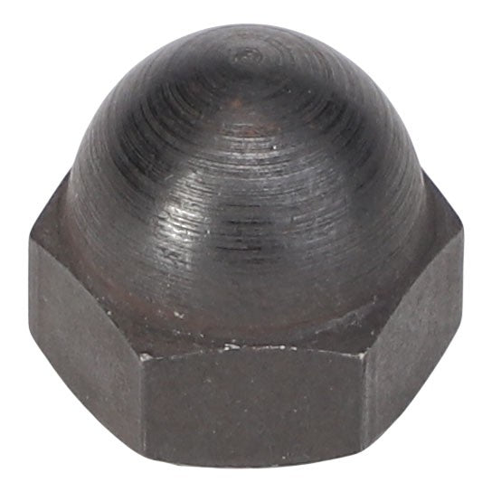 An AGCO Impeller Nut (model Ag005168) with a hexagonal cap design, made of black metal, displayed against a white background. No current product description available.