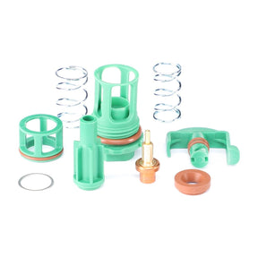 A collection of green and copper mechanical parts, including springs and a Filter Housing - F842201060020 by AGCO, arranged on a white background.