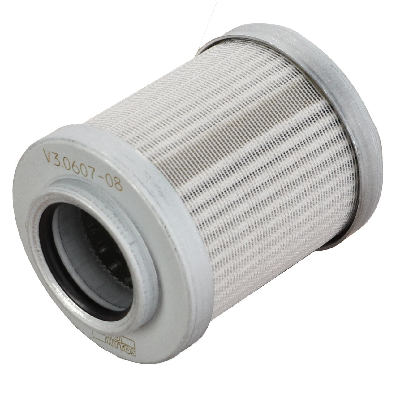 A cylindrical metallic filter element, identified as AGCO ELEMENT,FILTER - D49030058, featuring a perforated mesh body and protective end caps. Markings on the filter read "V30607-08". No current product description information available.