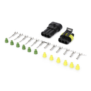 An AGCO Electrical Connector Kit - G816900043030 from the FARMER series includes two black plastic connector housings, yellow and green rubber seals, and metal terminal pins arranged in parallel.