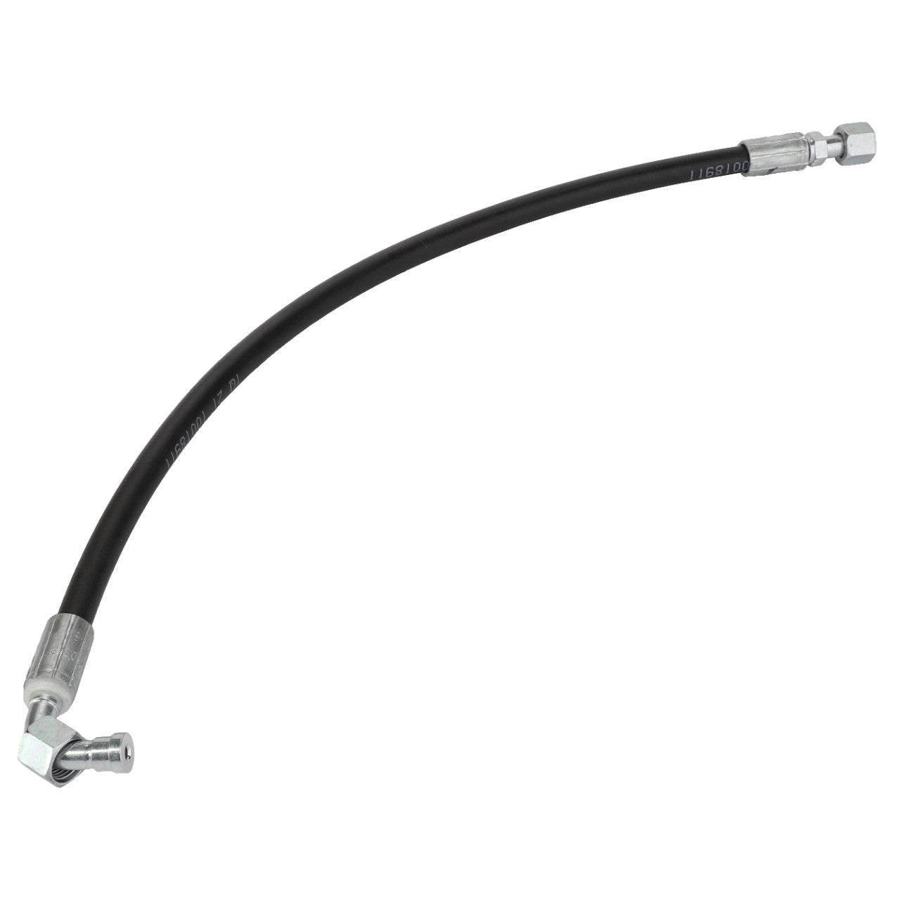 Introducing the AGCO | Hose - Acw0934360 by AGCO, a flexible black hydraulic hose featuring metal connectors on both ends—one bent at a right angle and the other straight.