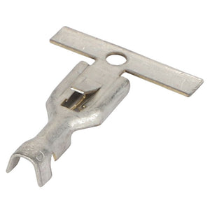 The AGCO | SOCKET TERMINAL - AG515935 is a metal T-shaped electrical connector, featuring a hole in the horizontal bar and open ends at the bottom.