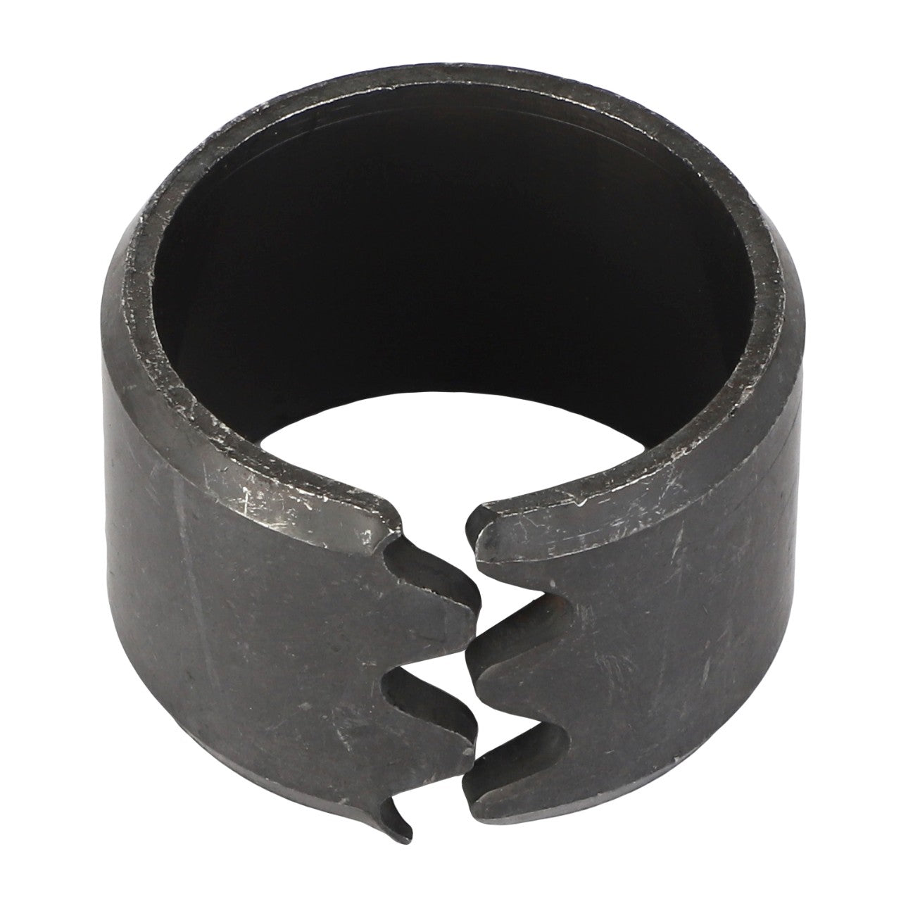 Introducing the AGCO Tension Bushing - Acp0015600, a cylindrical metal bushing with a split and textured surface, designed with two interlocking notches at the opening.