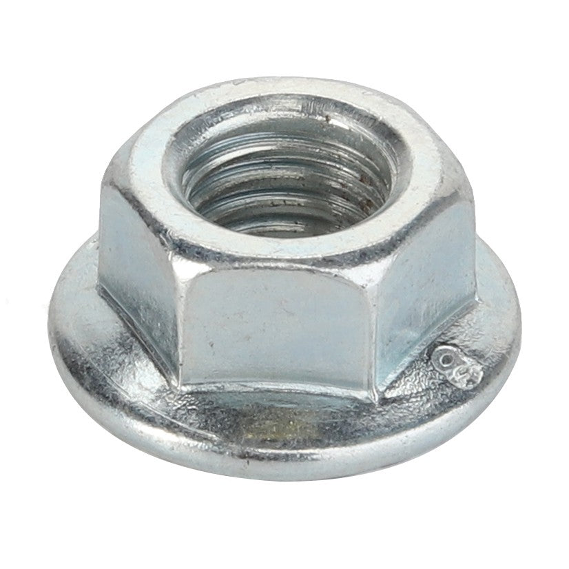 Close-up image of the AGCO Locknut - Va022085, a hexagonal flanged nut with a threaded hole and a flat, round base. No current product description available for this product.