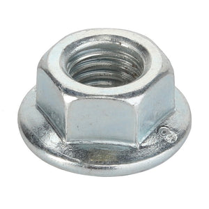 Close-up image of the AGCO Locknut - Va022085, a hexagonal flanged nut with a threaded hole and a flat, round base. No current product description available for this product.