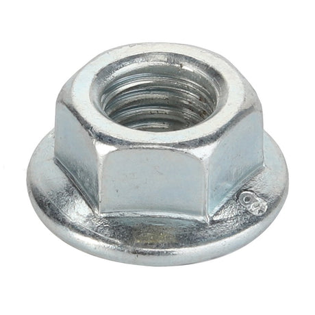 Close-up image of the AGCO Locknut - Va022085, a hexagonal flanged nut with a threaded hole and a flat, round base. No current product description available for this product.