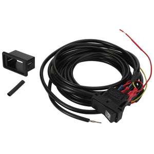 No current product description available for the AGCO Harness - Acp0293650, which consists of a coiled black wire with exposed ends next to a rectangular black plastic frame and connector components.