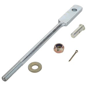 A metal rod with a threaded end and a hole at the other end, accompanied by a washer, hex nut, pin, and small cylindrical component is available as AGCO | BOLT - D28450620 from the brand AGCO; however, there is no current product description information available.