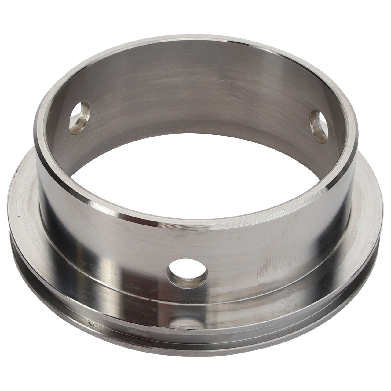 A metallic cylindrical ring with a flanged base and multiple holes drilled evenly around its circumference, known as the AGCO | Bush - 6210006M1 by the brand AGCO. No current product description available.