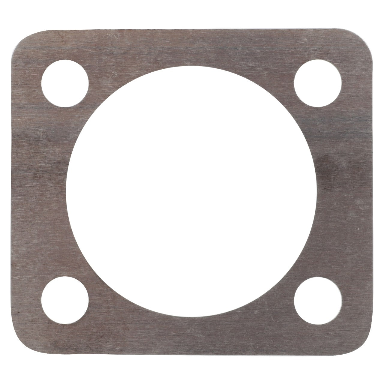 Introducing the AGCO | Disc - F334310020400: a square metal gasket featuring a substantial central circular hole and four evenly spaced smaller holes, positioned precisely in each corner.