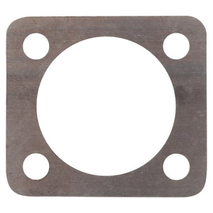 Introducing the AGCO | Disc - F334310020400: a square metal gasket featuring a substantial central circular hole and four evenly spaced smaller holes, positioned precisely in each corner.