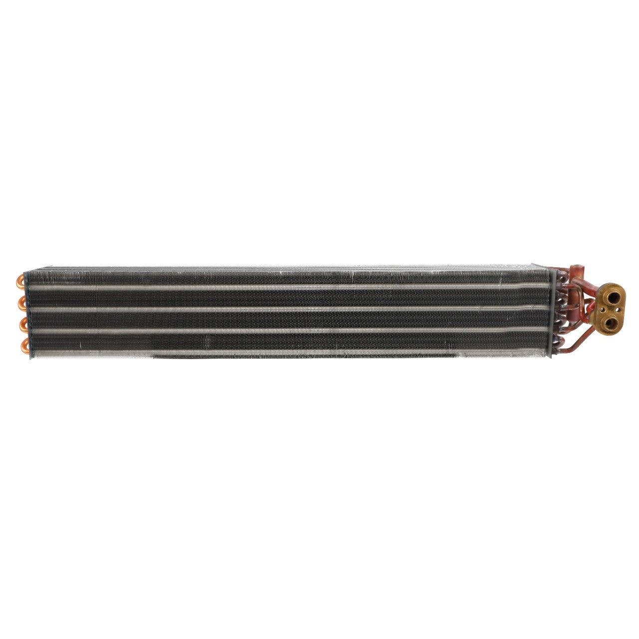 The AGCO | Evaporator - Acv0084760 is a rectangular, metallic automotive air conditioning evaporator core equipped with multiple tubes and fins, designed with copper inlet and outlet pipes on one end to ensure optimal performance.