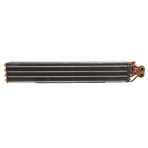 The AGCO | Evaporator - Acv0084760 is a rectangular, metallic automotive air conditioning evaporator core equipped with multiple tubes and fins, designed with copper inlet and outlet pipes on one end to ensure optimal performance.