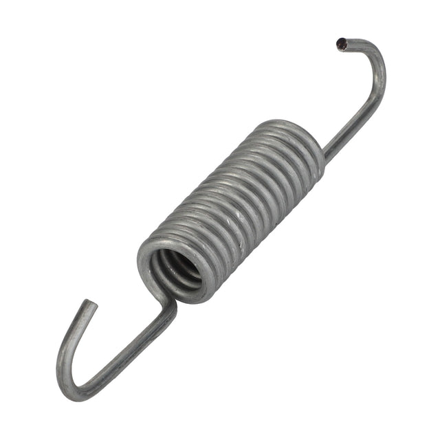 Close-up image of the AGCO Pulling Spring - F382103150040, a tightly-coiled metal spring with hooks on both ends, commonly used in various mechanical and industrial applications.