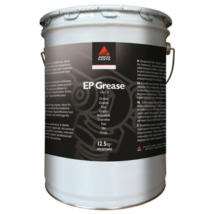 A large white container labeled with the AGCO Parts logo, containing AGCO EP2 Grease (3933076M2) and weighing 12.5 kg. The black label features product information in multiple languages, emphasizing its suitability for anti-friction bearings under high shock load conditions.