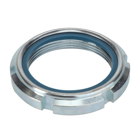 A metallic AGCO Groove Nut (part number 0908-69-11-00) with internal threading and four notches around the outer edge, compatible with Valtra Models and Massey Ferguson equipment.