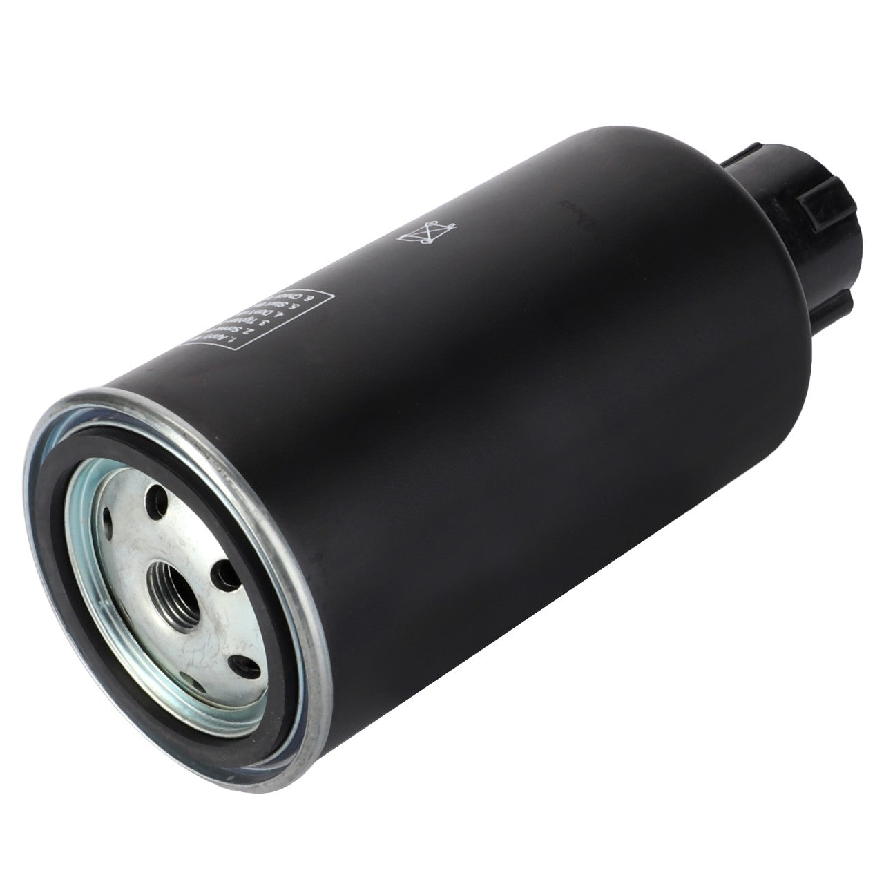 The AGCO | Filter Element - Acp0356820 is a black cylindrical automotive fuel filter with a metal housing and threaded inlet/outlet fittings, ensuring a secure fit for efficient filtration.