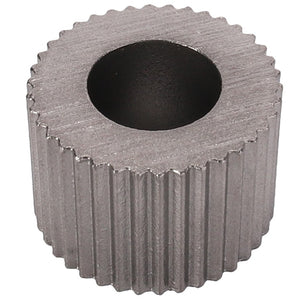 The AGCO | Transport Roller - 0362-21-00-00, a metal gear-like cylindrical object with ridged sides and a central hole, fits Valtra models.