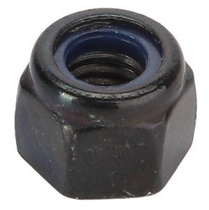 A close-up photo of an AGCO Hex Top Lock Nut - Acx2988240, featuring a black hexagonal design with a blue nylon insert. No current product description information is available.