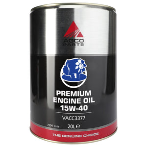 A metal canister labeled "AGCO | AGCO Parts Premium Engine Oil 15W-40 20L - Vacc3377" with a capacity of 20 liters. The phrase "The Genuine Choice" is printed at the bottom, emphasizing its advanced technology for heavy-duty diesel engines.