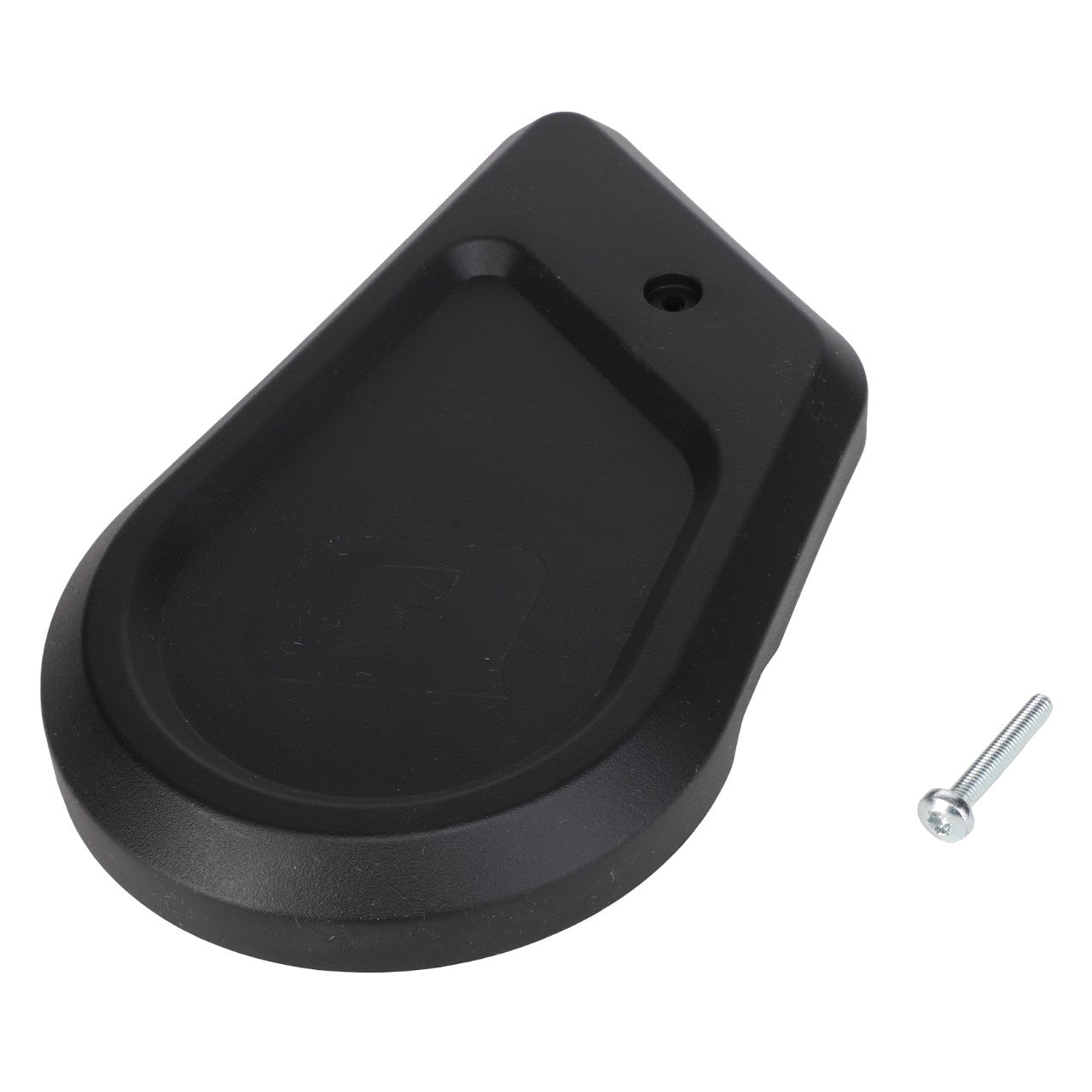 No Current Product Description Available: A black, teardrop-shaped wall mount bracket with a matching screw from AGCO (Side Cover For Cross Tube, Left Side - Acp0483780).