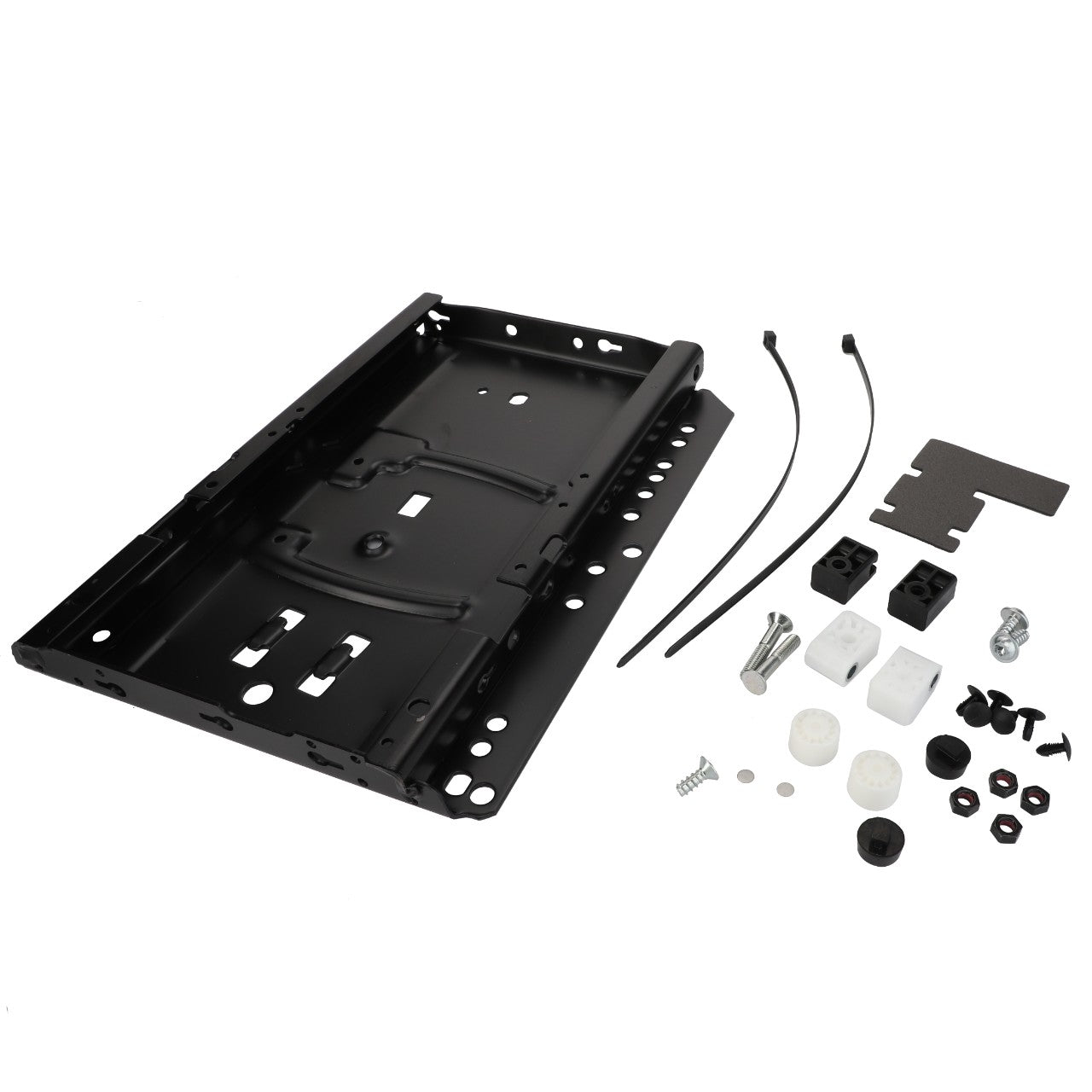 AGCO | SUSPENSION LOWER PART - F737812330350: A black mounting bracket with multiple holes, accompanied by screws, nylon spacers, nuts, and two zip ties on a white background. Currently, no further product description information is available.