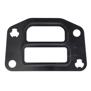 The AGCO Gasket - 4224973M1 is a rectangular black metal plate featuring four corner holes and two window-like rectangular cutouts in the center, designed to be compatible with various Massey Ferguson models.