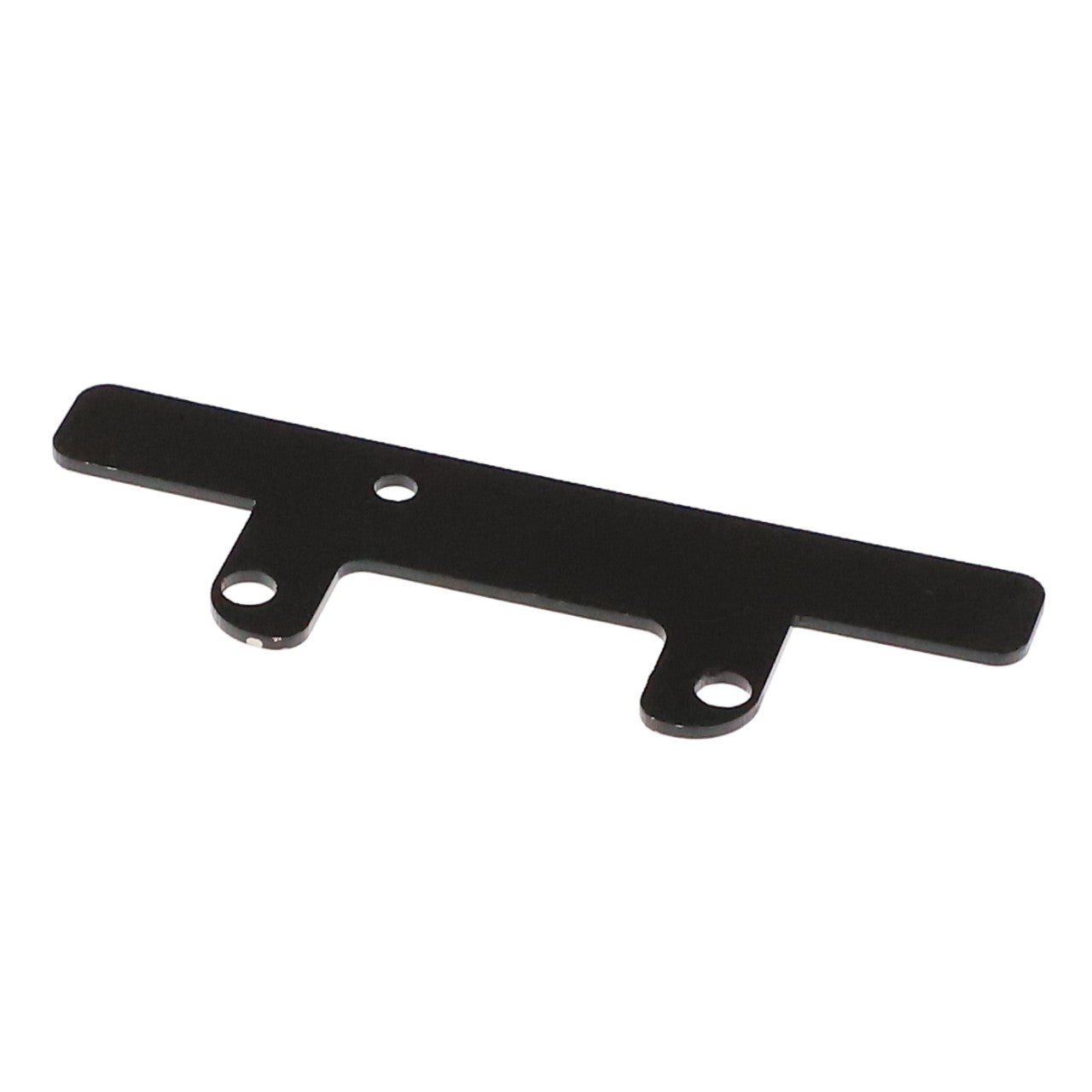 The AGCO Strap - 4281009M1 is a black metal bracket designed with three holes, ideal for seamlessly mounting or attaching various components.