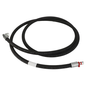 An AGCO HOSE - AL9032531, a black industrial hydraulic hose with metal fittings on both ends, expertly coiled in a circular shape.