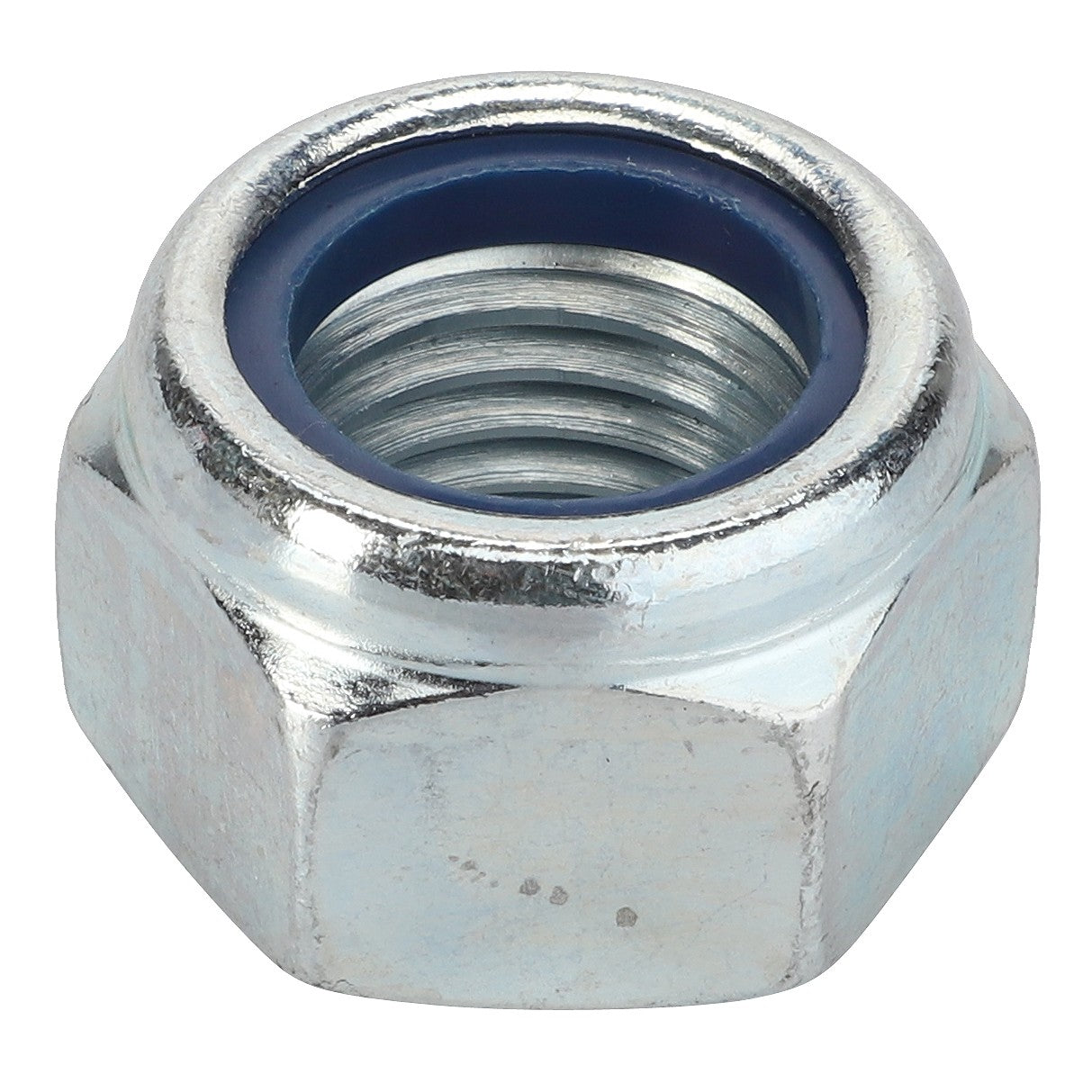 Close-up image of the AGCO Hex Nut - Fel200731, featuring a visible blue nylon insert, reminiscent of the reliable hardware found in Fendt Models.