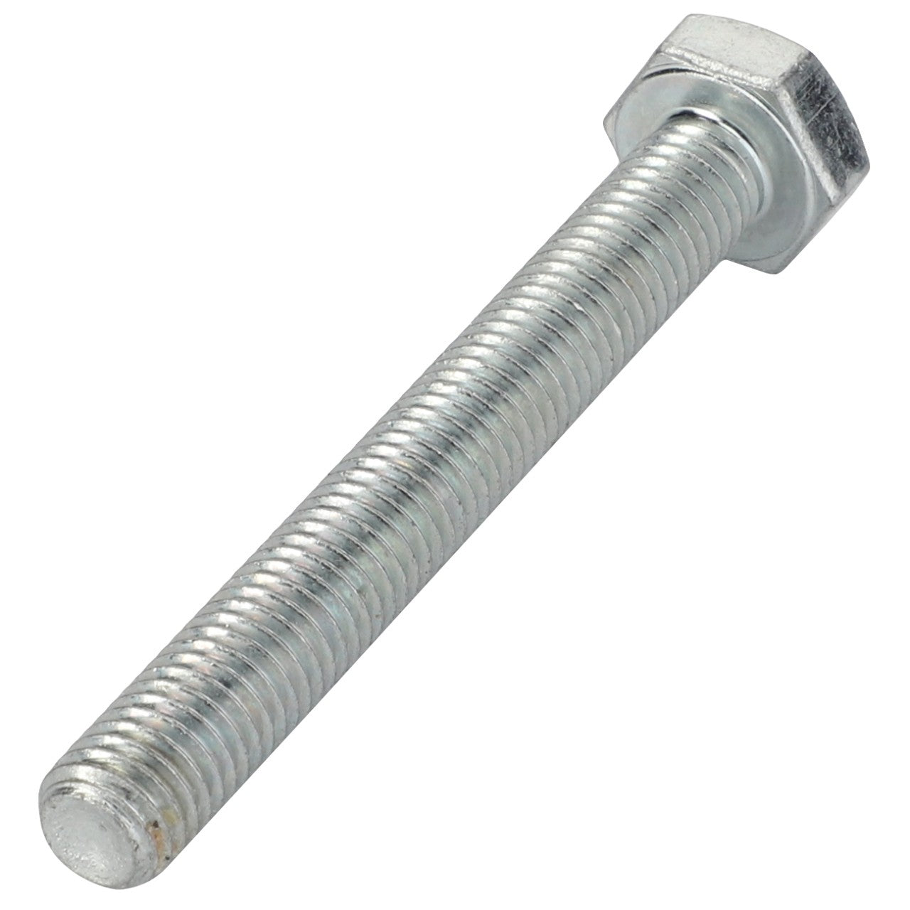 A close-up image of the AGCO | Hex Cap Screw - La15215221, showcasing its silver finish, detailed hex-head, full length, and intricate thread pattern. No current product description available.