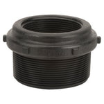 Close-up image of an AGCO | REDUCER BUSH - AG056241 black threaded metal pipe fitting featuring ridged surfaces and two protruding tabs. For more details or to place an order, please contact our Support Team.