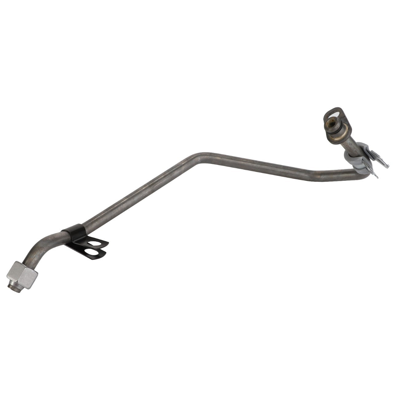 The AGCO Coolant Line - Acp0436940 features a sturdy, bent metal tube with a nut fitting on one end and a robust mounting bracket firmly attached in the middle.