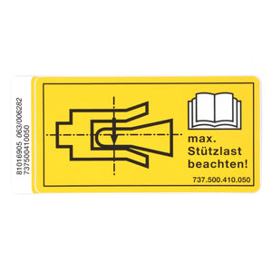 The AGCO | Warning Sign - 737500410050 features a yellow warning label with a diagram and German text reading "max. Stützlast beachten!" along with an open book symbol. Reference numbers on the left include 8106905, 630/006282, and 73750041050. It is suitable for Fendt Vario, Favorit Vario, or Farmer LSA models.