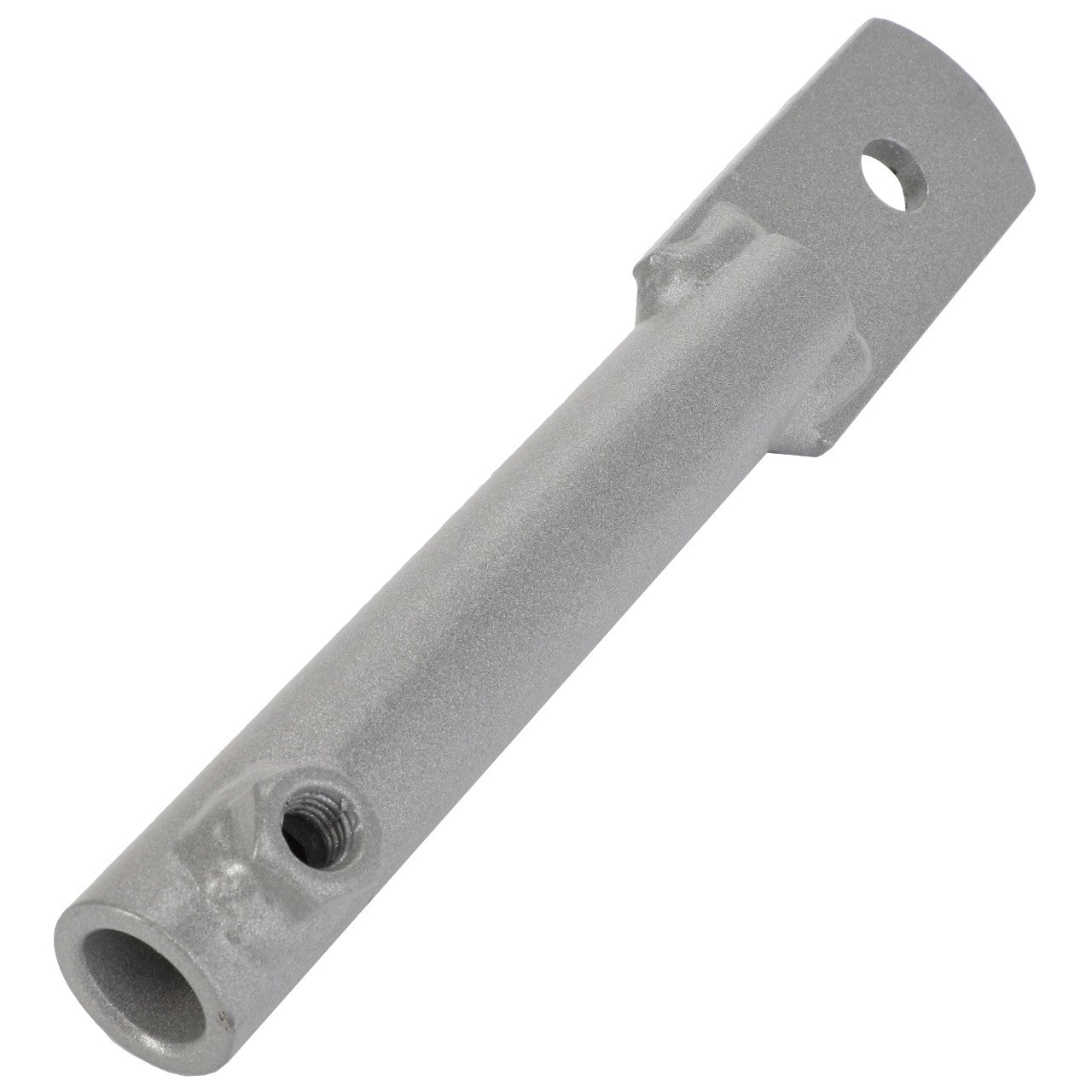 The AGCO | Arm - La300131733 is a metallic cylindrical rod that features two drilled holes: one at the wider end and a smaller threaded hole on the side, along with a flat end containing a larger hole.