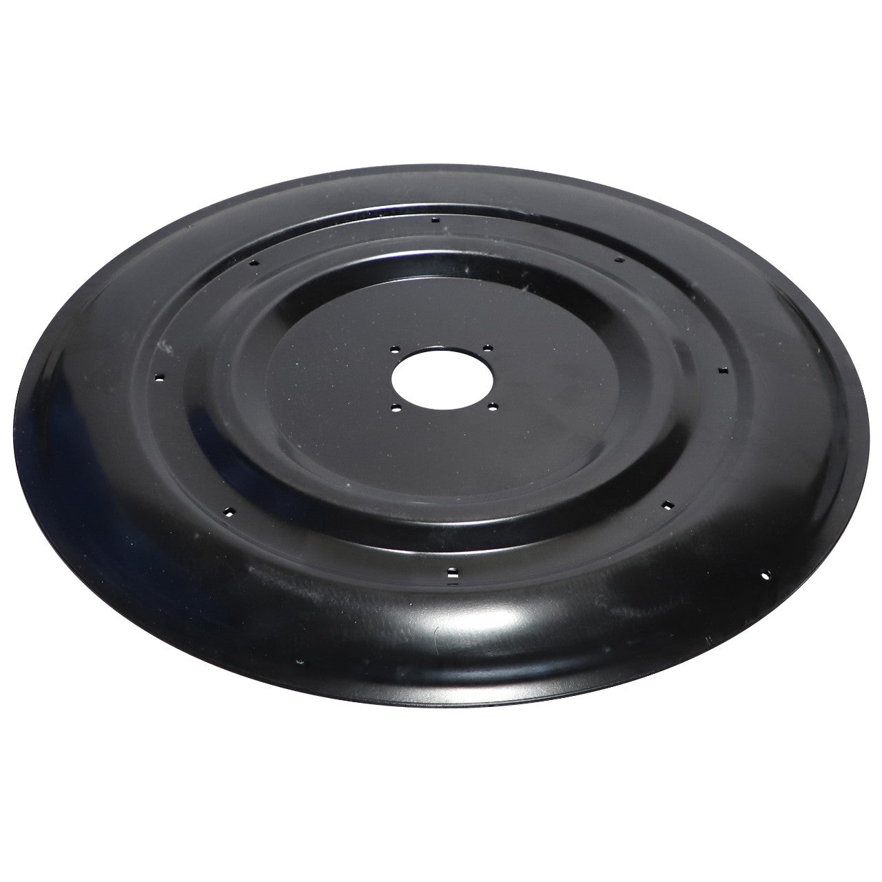 The AGCO Skid - Fel140982 is a large black metal disc featuring a small central hole and additional smaller holes evenly spaced around the edge.